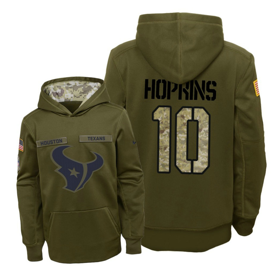 Youth Houston Texans #10 DeAndre Hopkins Olive Hoodie 2018 Salute To Service
