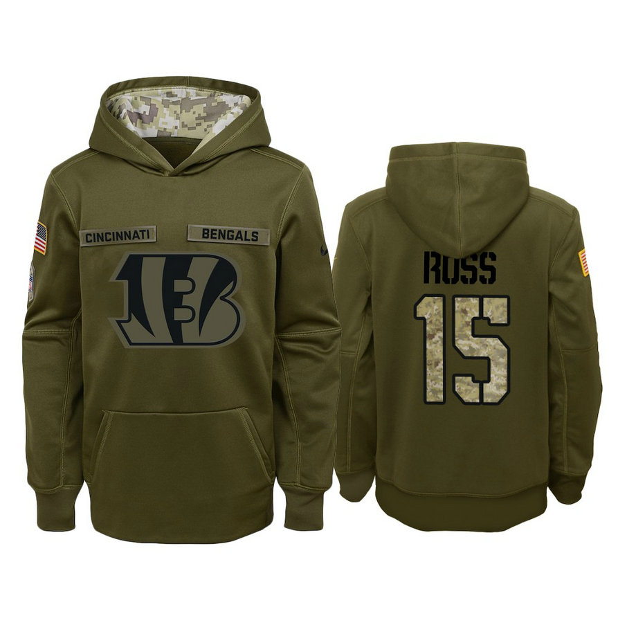 Youth Cincinnati Bengals #15 John Ross Olive Hoodie 2018 Salute To Service