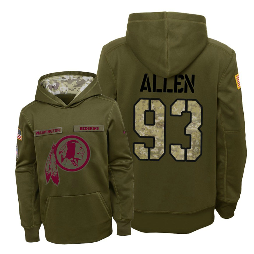 Youth Washington Redskins #93 Jonathan Allen Olive Hoodie 2018 Salute To Service