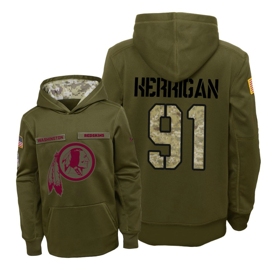 Youth Washington Redskins #91 Ryan Kerrigan Olive Hoodie 2018 Salute To Service