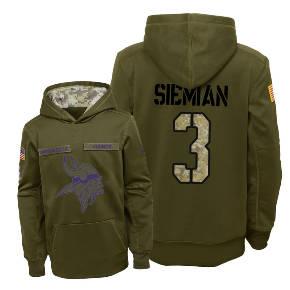 Youth Minnesota Vikings #3 Trevor Siemian Olive Hoodie 2018 Salute To Service Youth Minnesota Vikings #3 Trevor Siemian Olive Hoodie 2018 Salute To Service