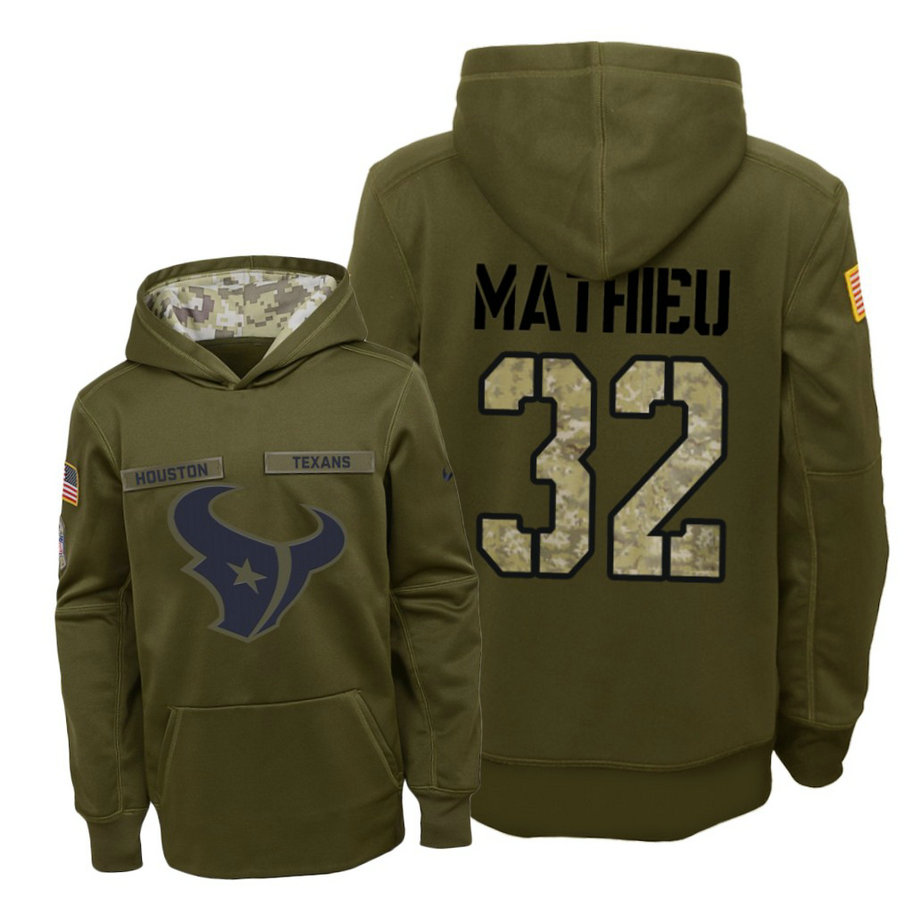 Youth Houston Texans #32 Tyrann Mathieu Olive Hoodie 2018 Salute To Service