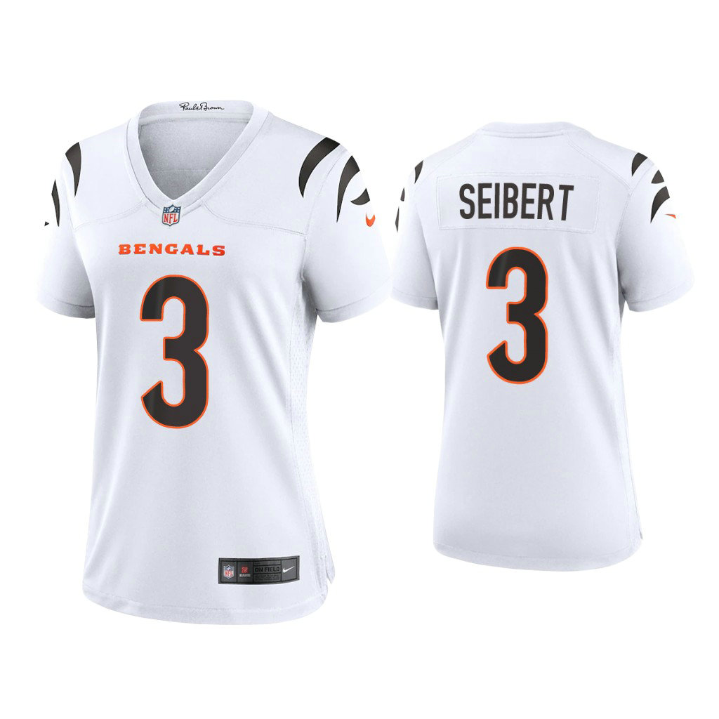 Women's 2021 Cincinnati Bengals #3 Austin Seibert White Game Jersey With Super Bowl LVI Patch Women's 2021 Cincinnati Bengals #3 Austin Seibert White Game Jersey With Super Bowl LVI Patch