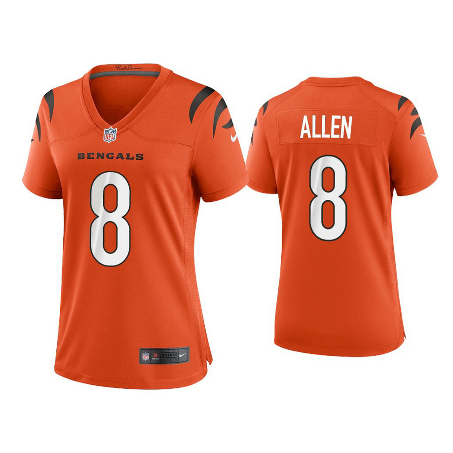 Women's 2021 Cincinnati Bengals #8 Brandon Allen Orange Game Jersey With Super Bowl LVI Patch Women's 2021 Cincinnati Bengals #8 Brandon Allen Orange Game Jersey With Super Bowl LVI Patch