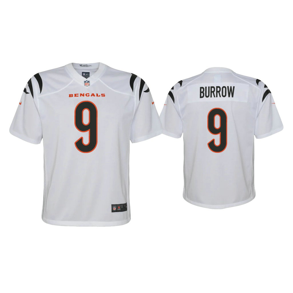Youth 2021 Cincinnati Bengals #9 Joe Burrow White Game Jersey Youth 2021 Cincinnati Bengals #9 Joe Burrow White Game Jersey