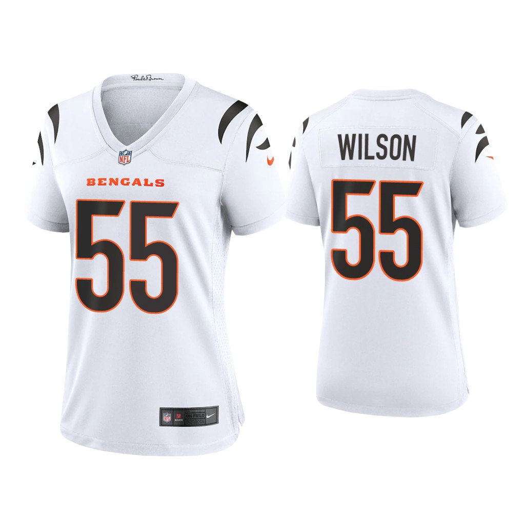Women's 2021 Cincinnati Bengals #55 Logan Wilson White Game Jersey With Super Bowl LVI Patch Women's 2021 Cincinnati Bengals #55 Logan Wilson White Game Jersey With Super Bowl LVI Patch