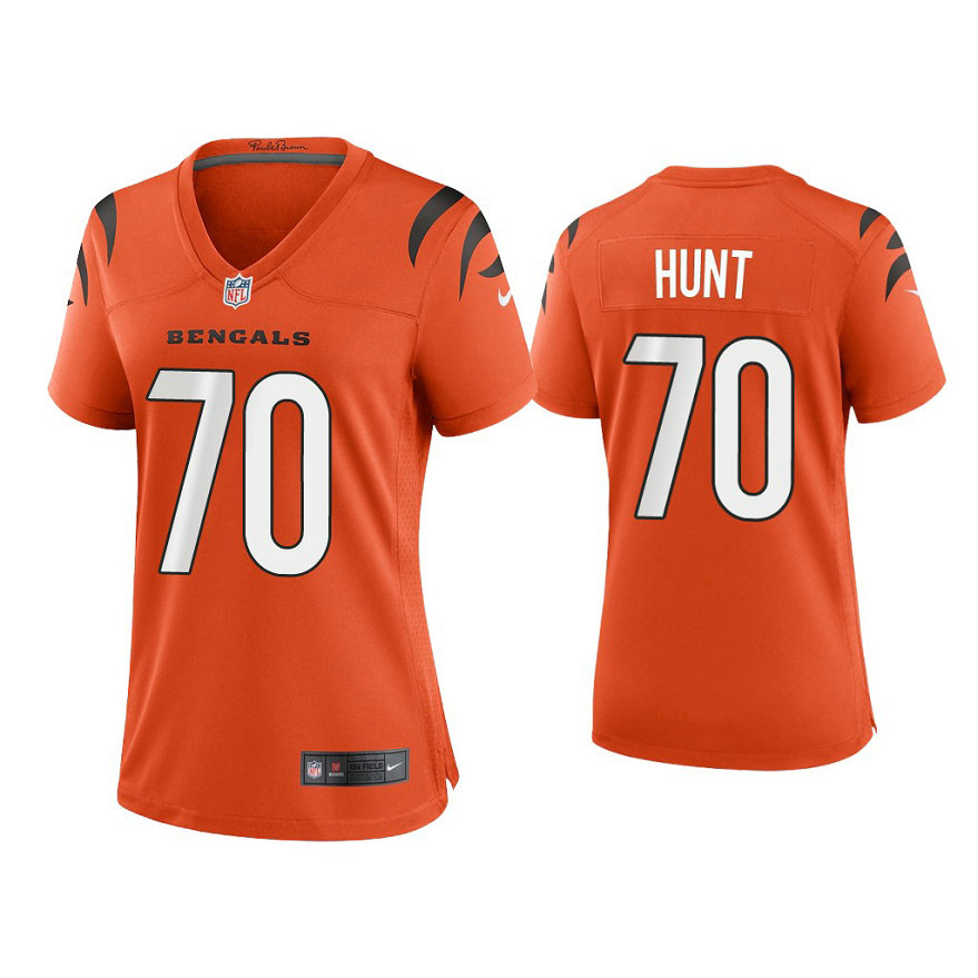 Women's 2021 Cincinnati Bengals #70 Margus Hunt Orange Game Jersey With Super Bowl LVI Patch Women's 2021 Cincinnati Bengals #70 Margus Hunt Orange Game Jersey With Super Bowl LVI Patch