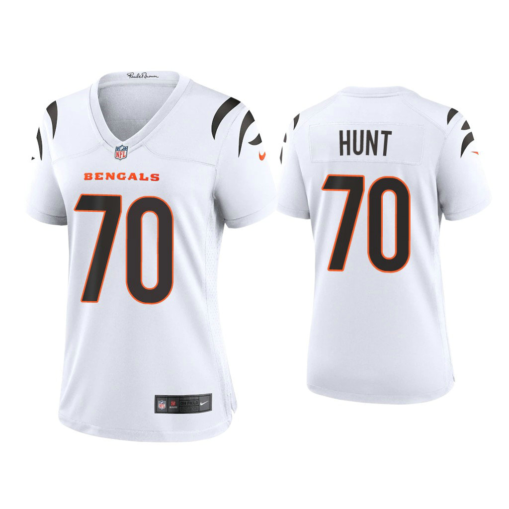 Women's 2021 Cincinnati Bengals #70 Margus Hunt White Game Jersey With Super Bowl LVI Patch Women's 2021 Cincinnati Bengals #70 Margus Hunt White Game Jersey With Super Bowl LVI Patch