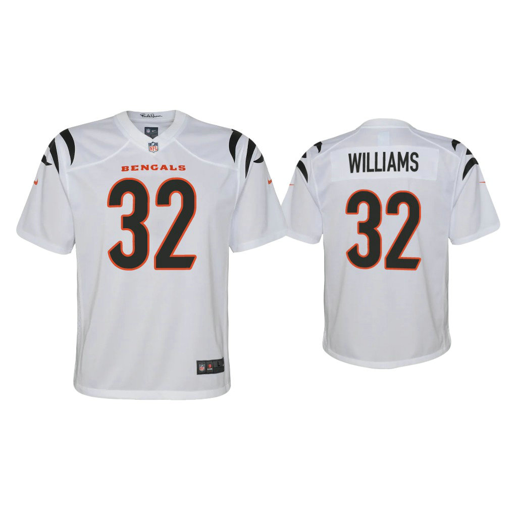 Youth 2021 Cincinnati Bengals #32 Trayveon Williams White Game Jersey With Super Bowl LVI Patch