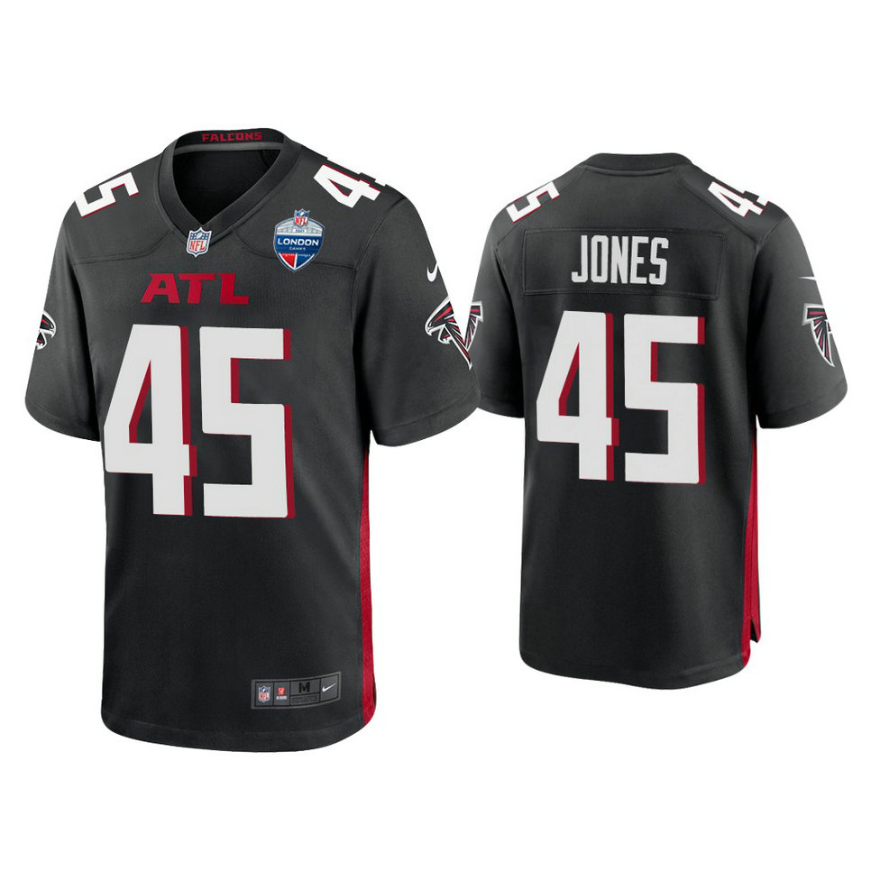 Atlanta Falcons #45 Deion Jones Balck 2021 London Games Patch Game Jersey