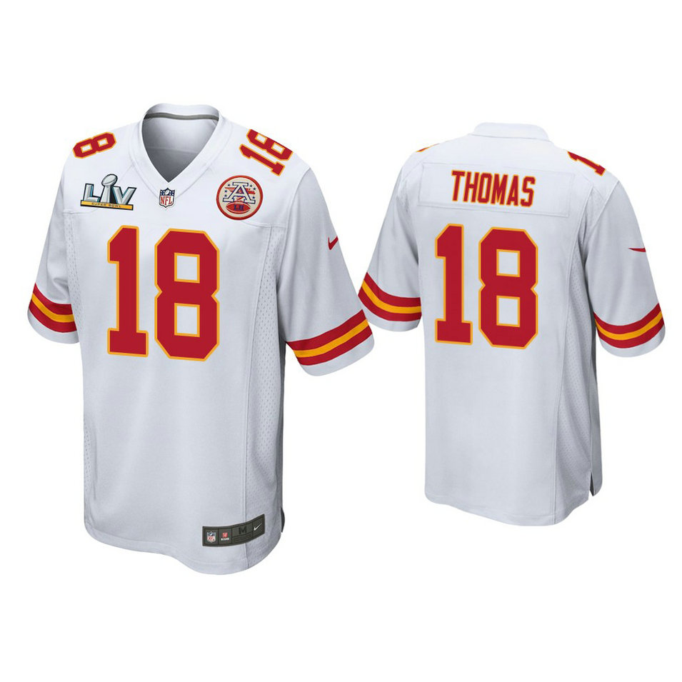 2021 Kansas City Chiefs #18 Emmitt Thomas White Super Bowl LIV White Game Jersey 2021 Kansas City Chiefs #18 Emmitt Thomas White Super Bowl LIV White Game Jersey