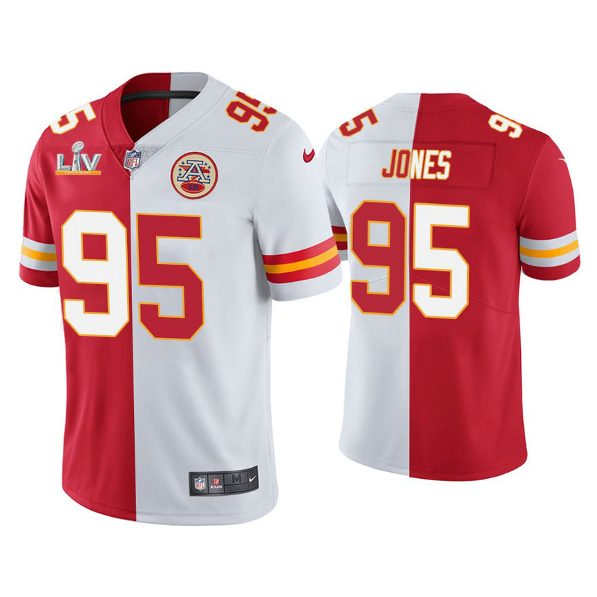 2021 Kansas City Chiefs #95 Chris Jones Red White Super Bowl LIV Split Jersey 2021 Kansas City Chiefs #95 Chris Jones Red White Super Bowl LIV Split Jersey