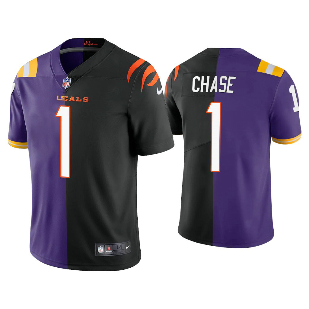 Cincinnati Bengals #1 Ja'Marr Chase Purple Black 2021 NFL Draft Split Jersey Cincinnati Bengals #1 Ja'Marr Chase Purple Black 2021 NFL Draft Split Jersey