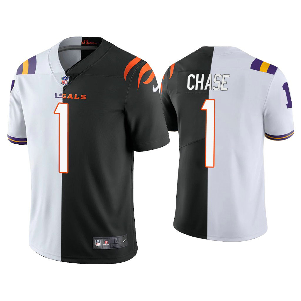 Cincinnati Bengals #1 Ja'Marr Chase White Black 2021 NFL Draft Split Jersey Cincinnati Bengals #1 Ja'Marr Chase White Black 2021 NFL Draft Split Jersey