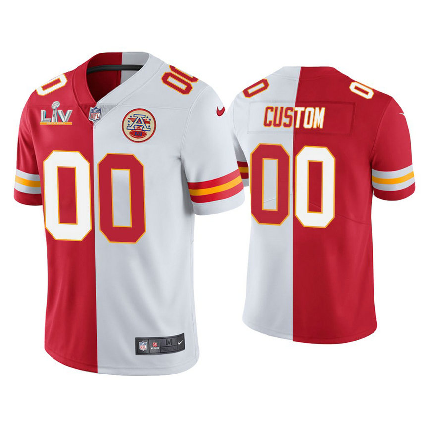 Custom 2021 Kansas City Chiefs #00 Red White Super Bowl LIV Split Jersey Custom 2021 Kansas City Chiefs #00 Red White Super Bowl LIV Split Jersey