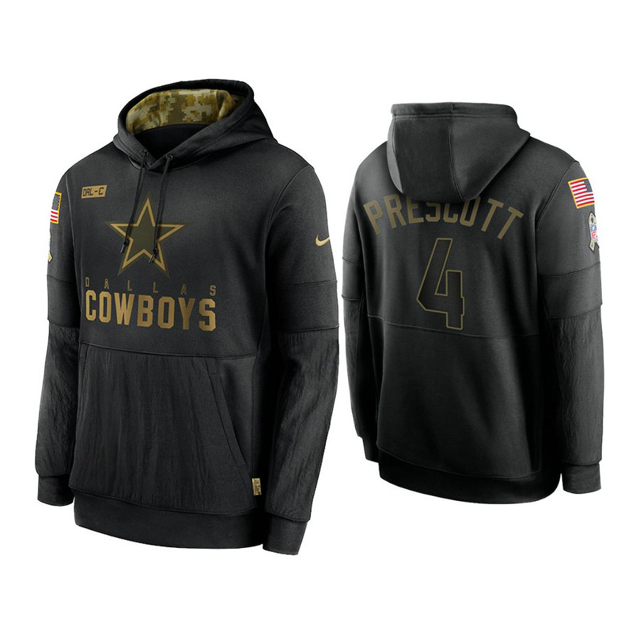 Dallas Cowboys #4 Dak Prescott Black 2020 Salute to Service Sideline Performance Pullover Hoodie