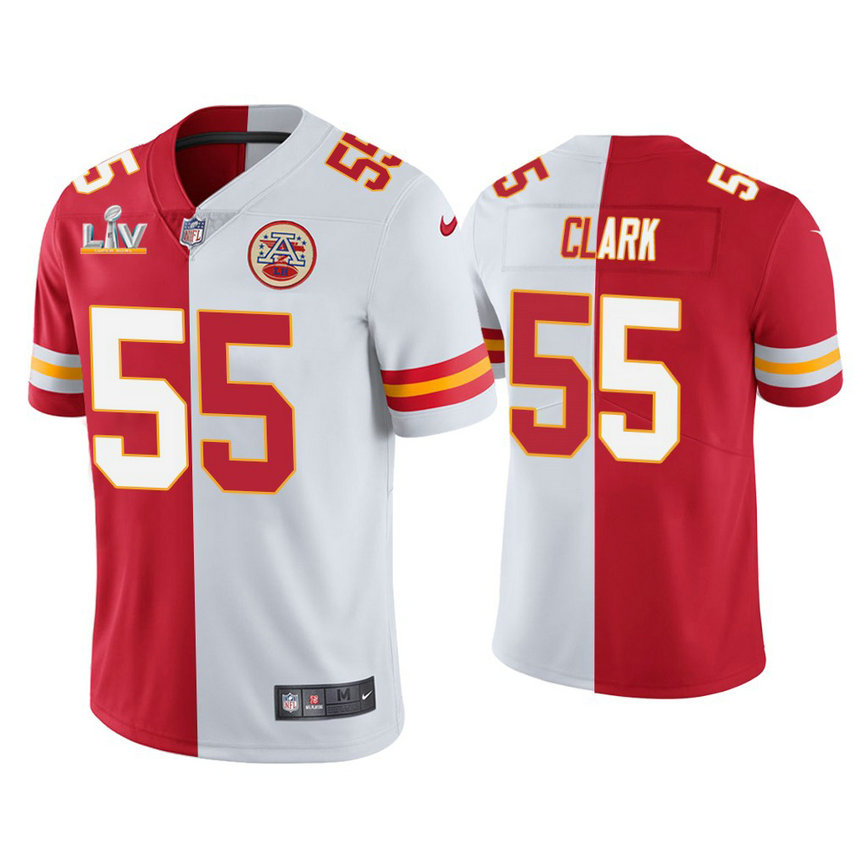 2021 Kansas City Chiefs #55 Frank Clark Red White Super Bowl LIV Split Jersey