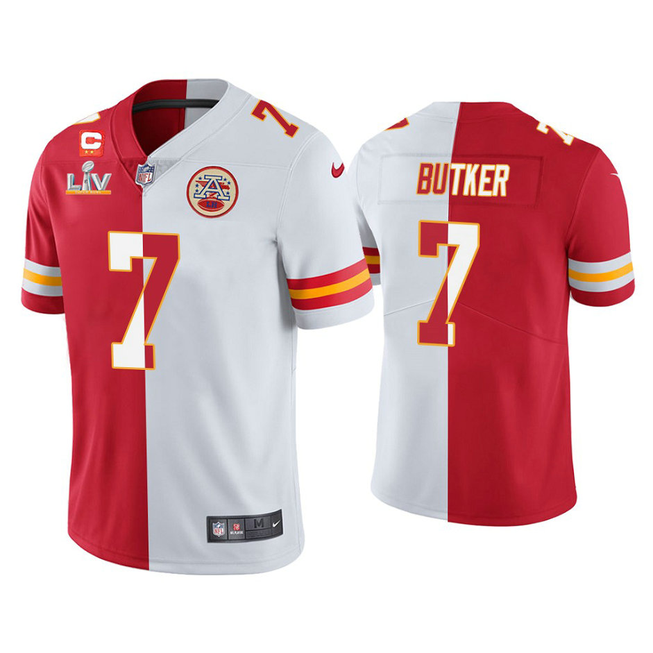 2021 Kansas City Chiefs #7 Harrison Butker Red White Super Bowl LIV Split Jersey
