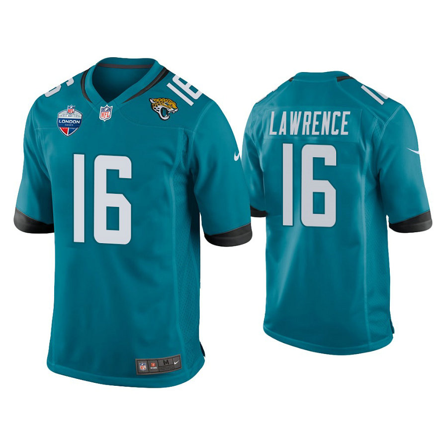 Jacksonville Jaguars #16 Trevor Lawrence Teal 2021 London Games Patch Game Jersey Jacksonville Jaguars #16 Trevor Lawrence Teal 2021 London Games Patch Game Jersey