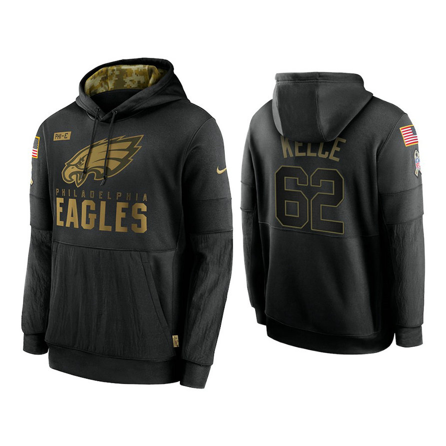 Philadelphia Eagles #62 Jason Kelce Black 2020 Salute to Service Sideline Performance Pullover Hoodie