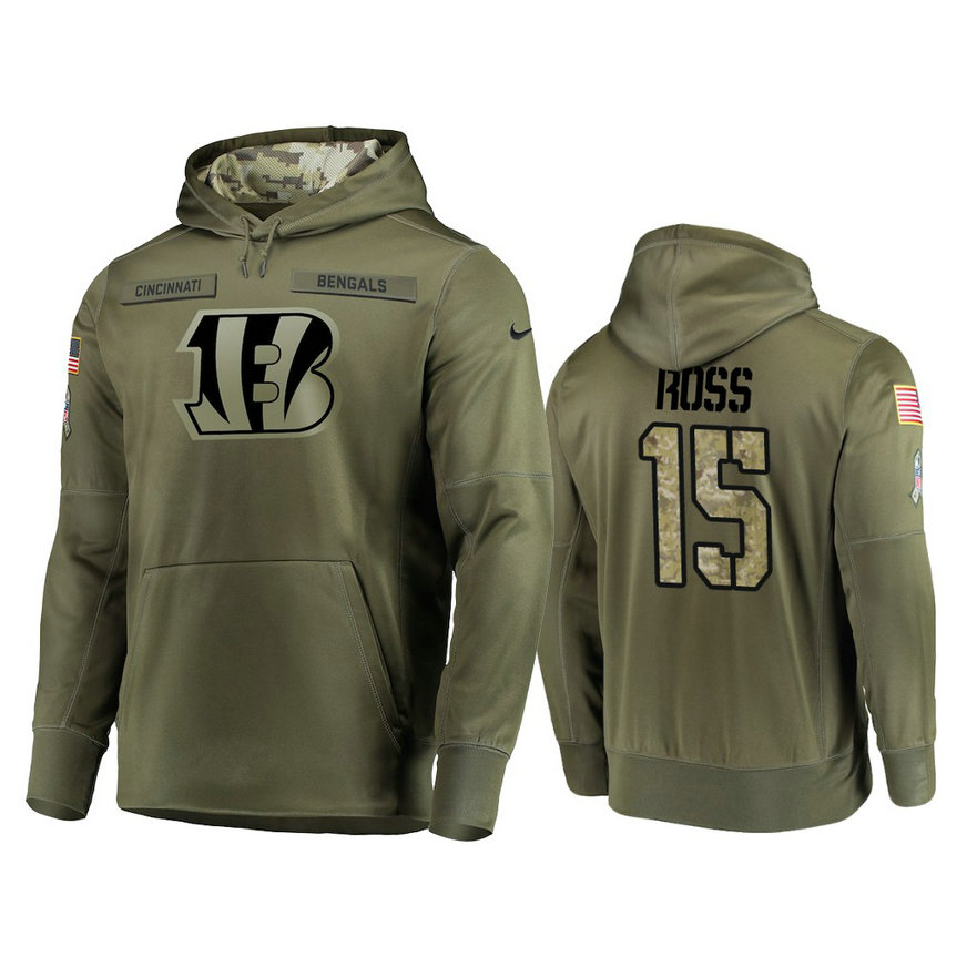Cincinnati Bengals #15 John Ross Olive Pullover Hoodie 2018 Salute To Service