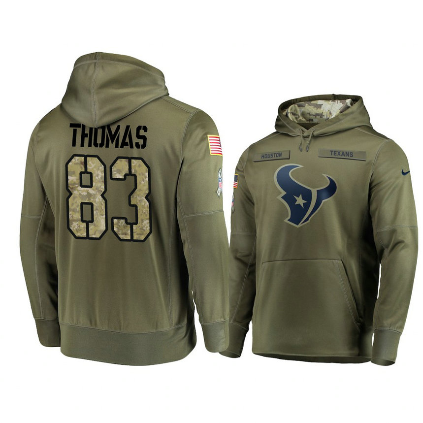 Houston Texans #83 Jordan Thomas Olive Pullover Hoodie 2018 Salute To Service