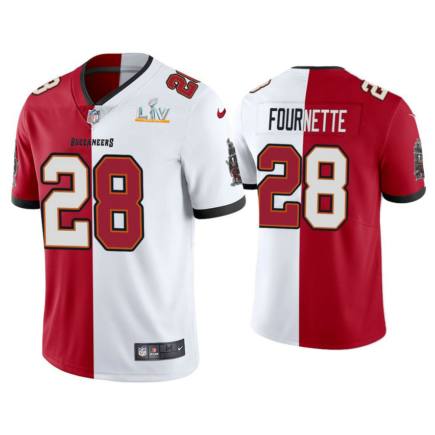 2021 Tampa Bay Buccaneers #28 Leonard Fournette Red White Super Bowl LIV Split Jersey