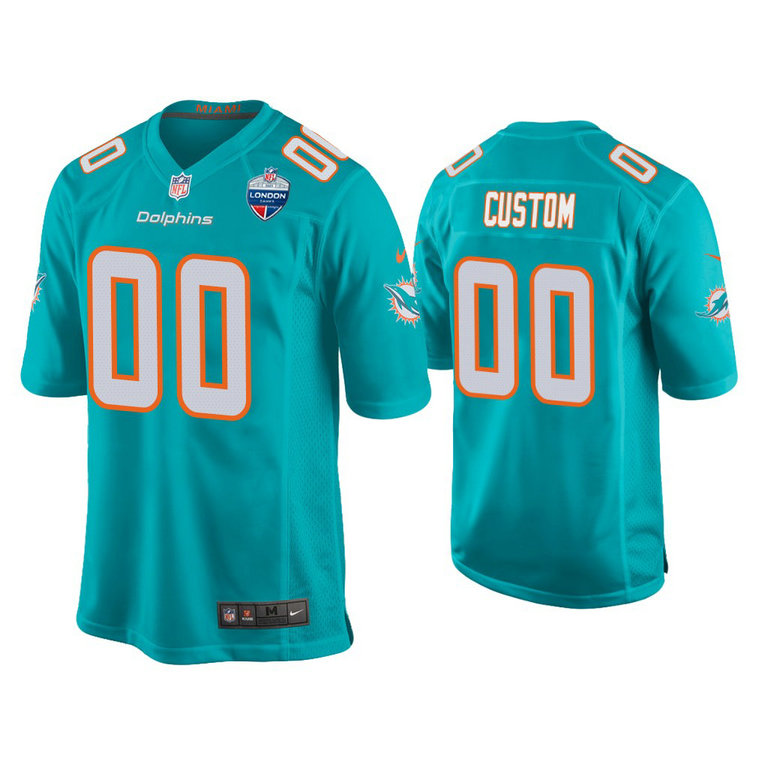 Custom Miami Dolphins #00 Aqua 2021 London Games Patch Game Jersey Custom Miami Dolphins #00 Aqua 2021 London Games Patch Game Jersey