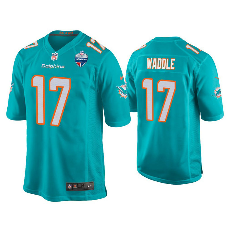 Miami Dolphins #17 Jaylen Waddle Aqua 2021 London Games Patch Game Jersey