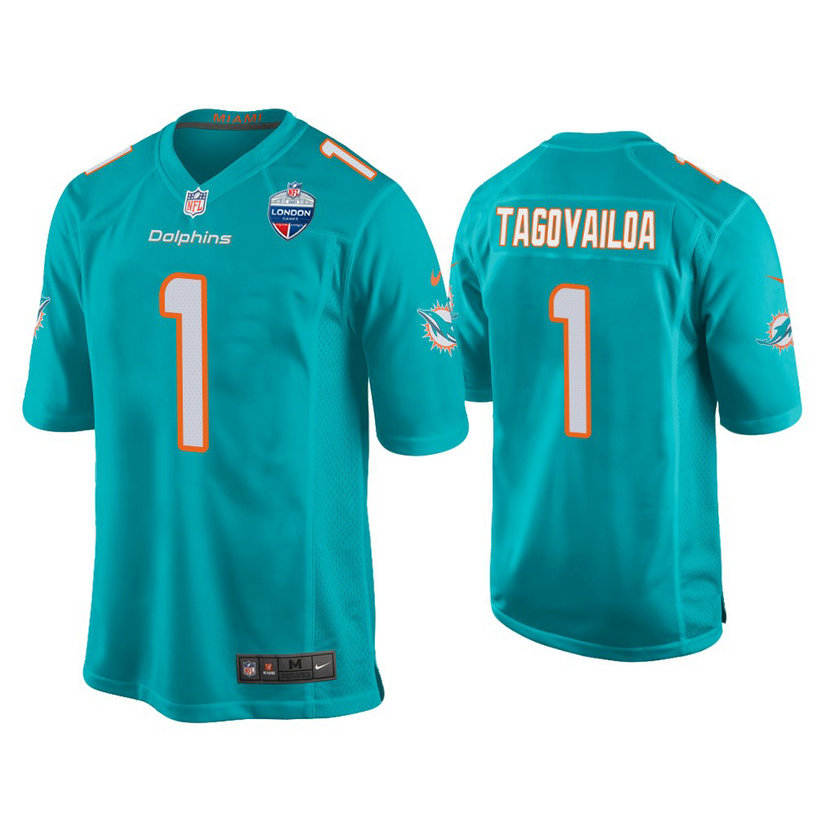 Miami Dolphins #1 Tua Tagovailoa Aqua 2021 London Games Patch Game Jersey