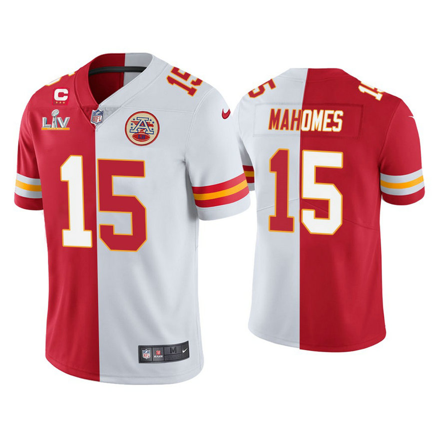 2021 Kansas City Chiefs #15 Patrick Mahomes Red White Super Bowl LIV Split Jersey