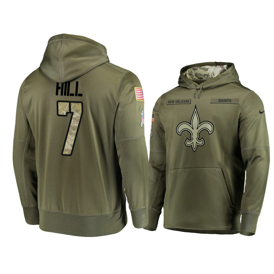 New Orleans Saints #7 Taysom Hill Olive Pullover Hoodie 2018 Salute To Service