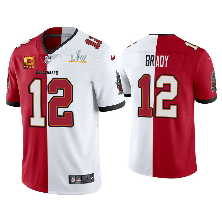 2021 Tampa Bay Buccaneers #12 Tom Brady Red White Super Bowl LIV Split Jersey
