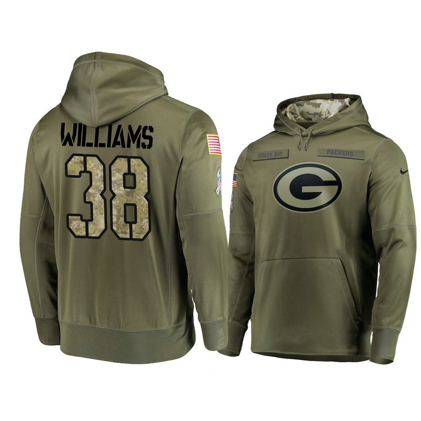 Green Bay Packers #38 Tramon Williams Olive Pullover Hoodie 2018 Salute To Service