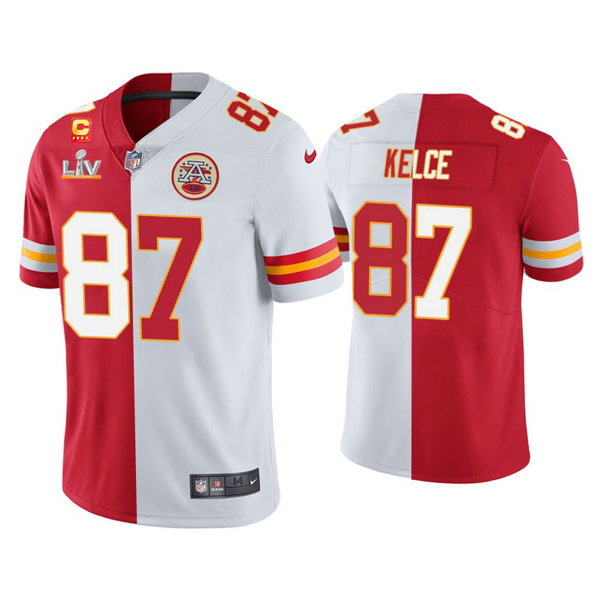 2021 Kansas City Chiefs #87 Travis Kelce Red White Super Bowl LIV Split Jersey