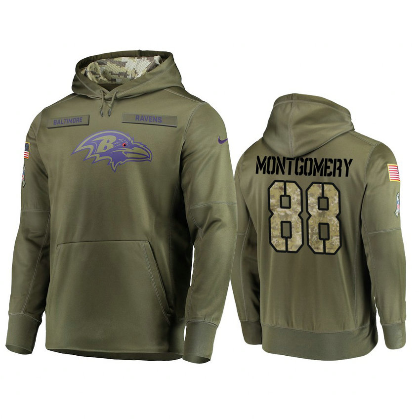Baltimore Ravens #88 Ty Montgomery Olive Pullover Hoodie 2018 Salute To Service