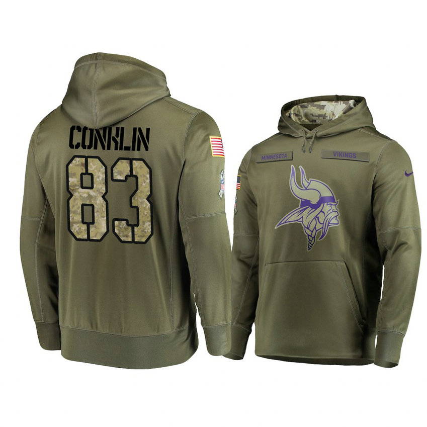 Minnesota Vikings #83 Tyler Conklin Olive Pullover Hoodie 2018 Salute To Service Minnesota Vikings #83 Tyler Conklin Olive Pullover Hoodie 2018 Salute To Service