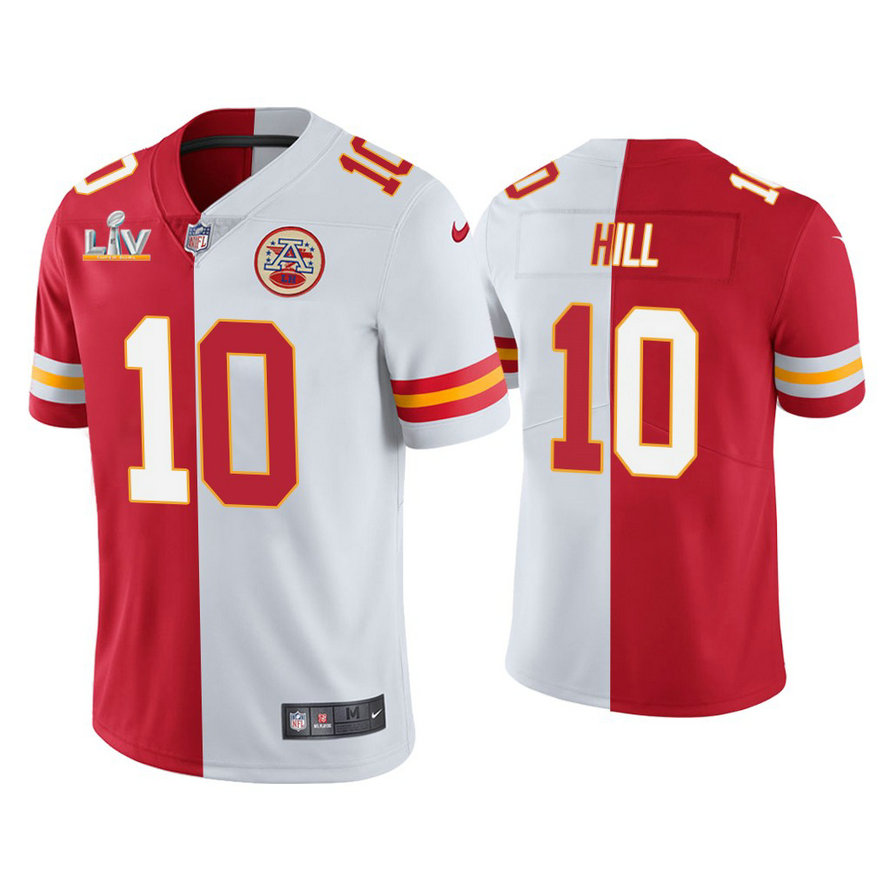 2021 Kansas City Chiefs #10 Tyreek Hill Red White Super Bowl LIV Split Jersey 2021 Kansas City Chiefs #10 Tyreek Hill Red White Super Bowl LIV Split Jersey