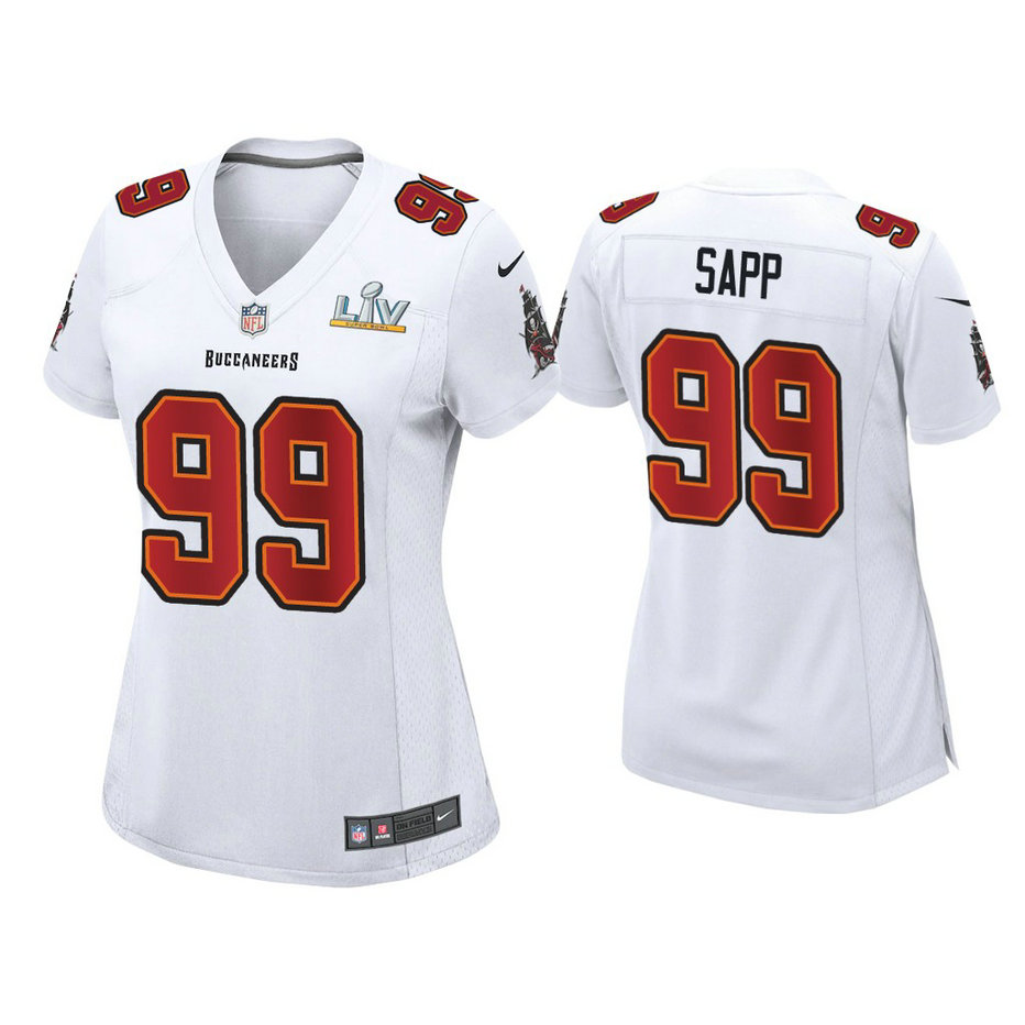 Women's 2021 Tampa Bay Buccaneers #99 Warren Sapp White Super Bowl LIV White Game Fashion Jersey Women's 2021 Tampa Bay Buccaneers #99 Warren Sapp White Super Bowl LIV White Game Fashion Jersey