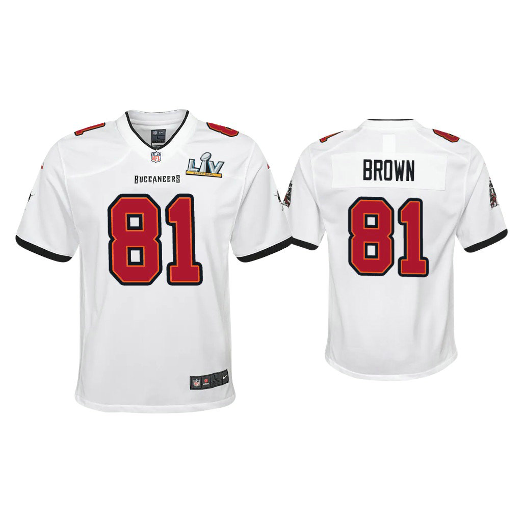 Youth 2021 Tampa Bay Buccaneers #81 Antonio Brown White Super Bowl LIV White Game Jersey Youth 2021 Tampa Bay Buccaneers #81 Antonio Brown White Super Bowl LIV White Game Jersey