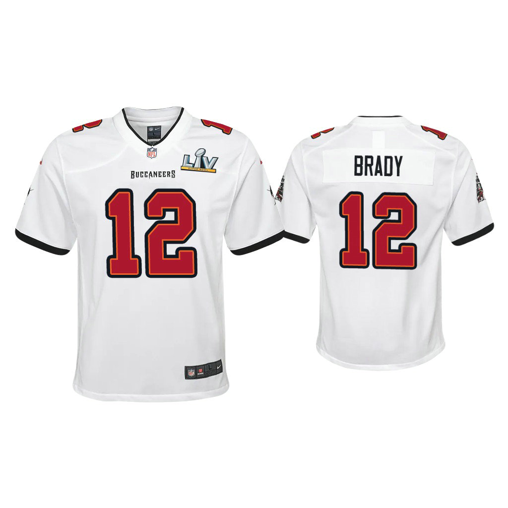 Youth 2021 Tampa Bay Buccaneers #12 Tom Brady White Super Bowl LIV White Game Jersey Youth 2021 Tampa Bay Buccaneers #12 Tom Brady White Super Bowl LIV White Game Jersey
