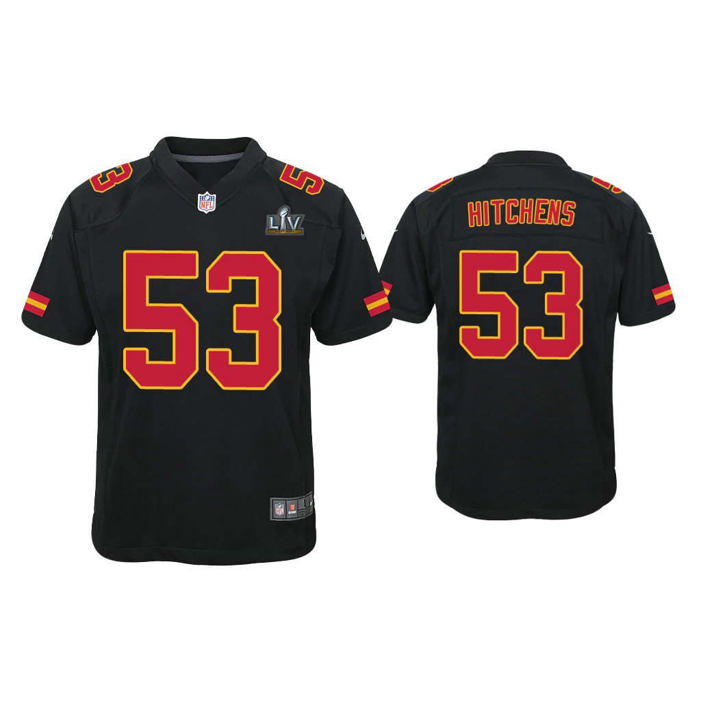Youth 2021 Kansas City Chiefs #53 Anthony Hitchens Black Super Bowl LIV Black Game Fashion Jersey
