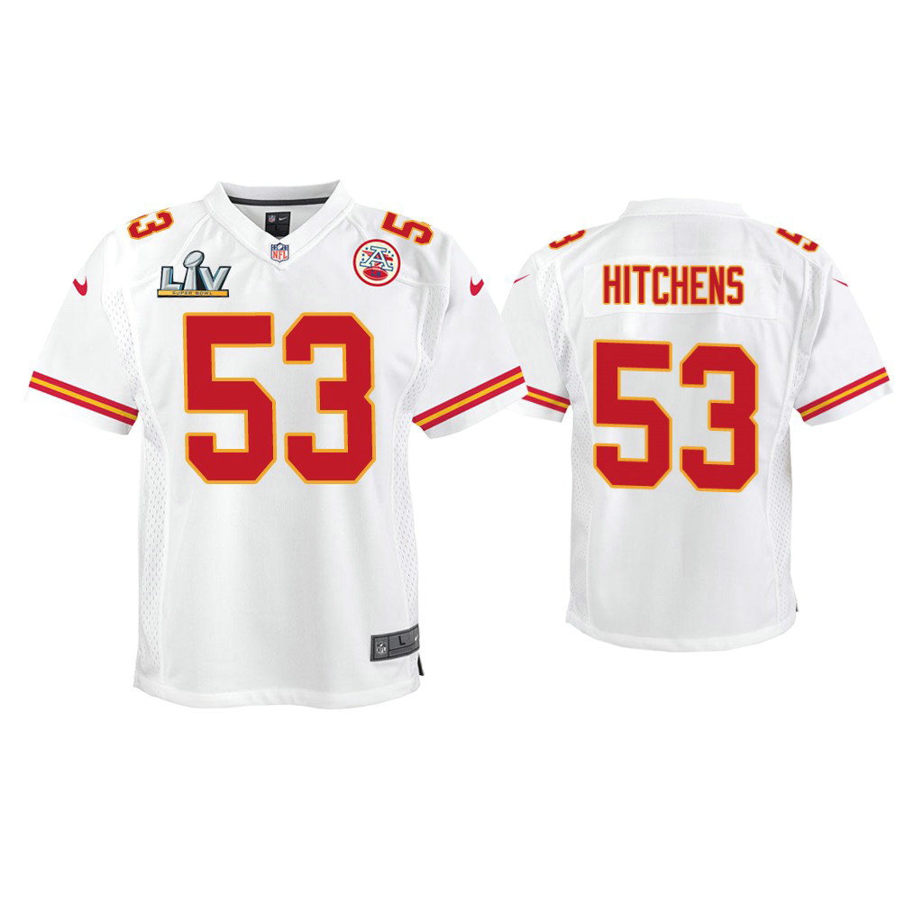 Youth 2021 Kansas City Chiefs #53 Anthony Hitchens White Super Bowl LIV White Game Jersey