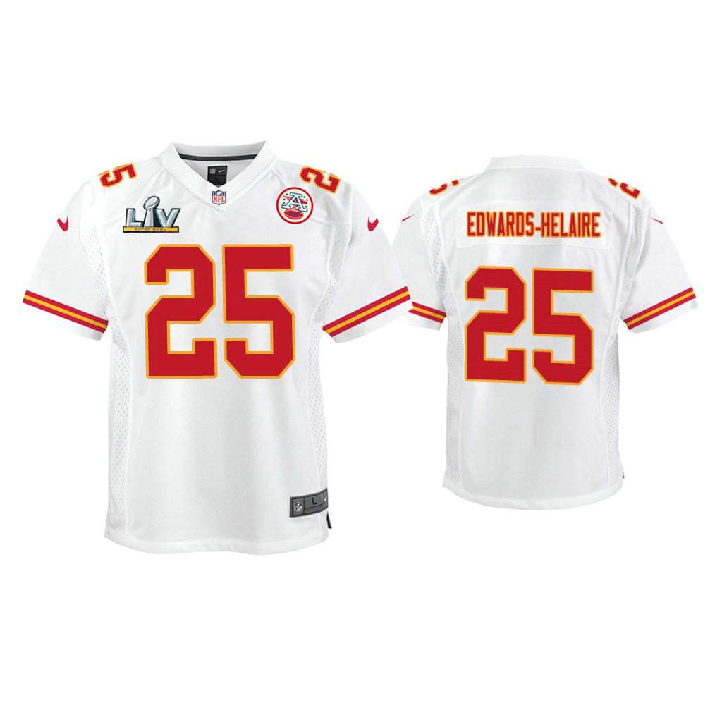 Youth 2021 Kansas City Chiefs #25 Clyde Edwards-Helaire White Super Bowl LIV White Game Jersey