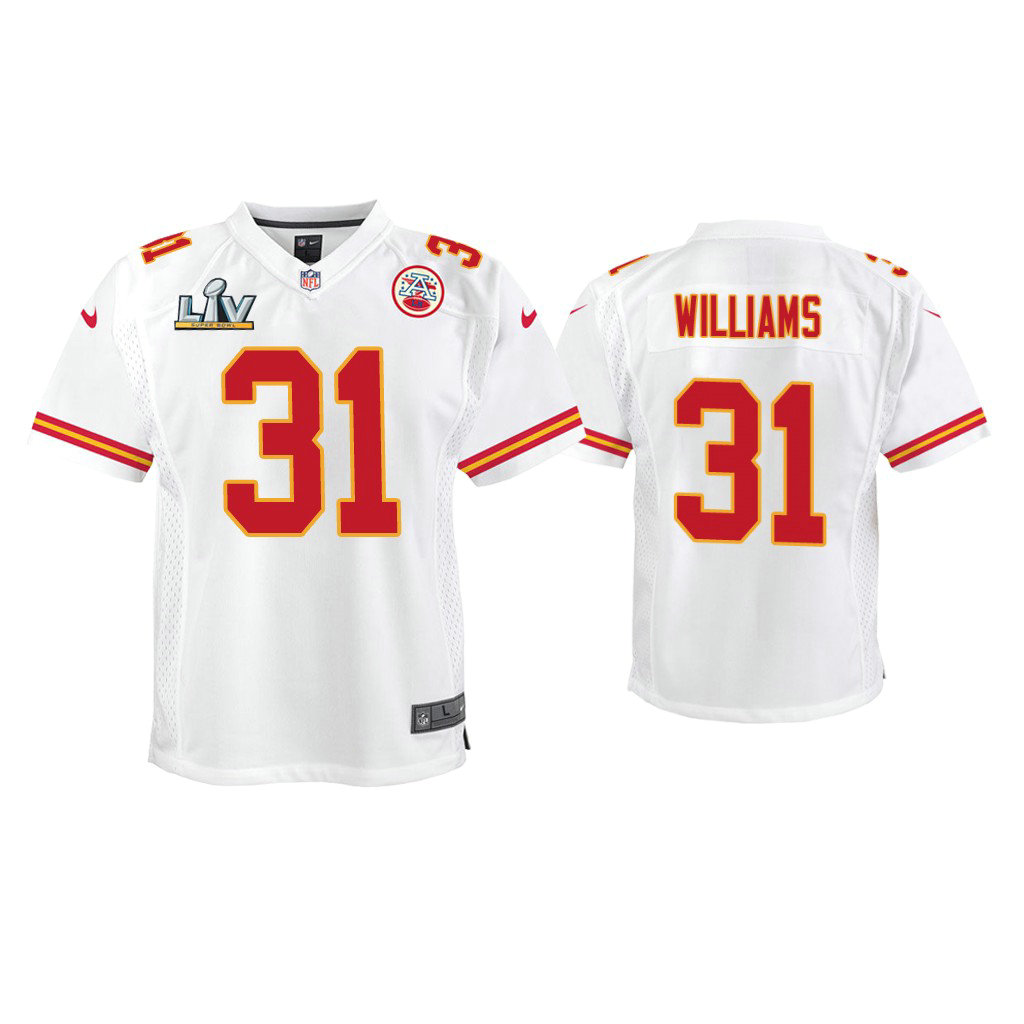 Youth 2021 Kansas City Chiefs #26 Damien Williams White Super Bowl LIV White Game Jersey