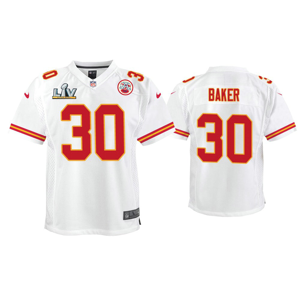 Youth 2021 Kansas City Chiefs #30 Deandre Baker White Super Bowl LIV White Game Jersey