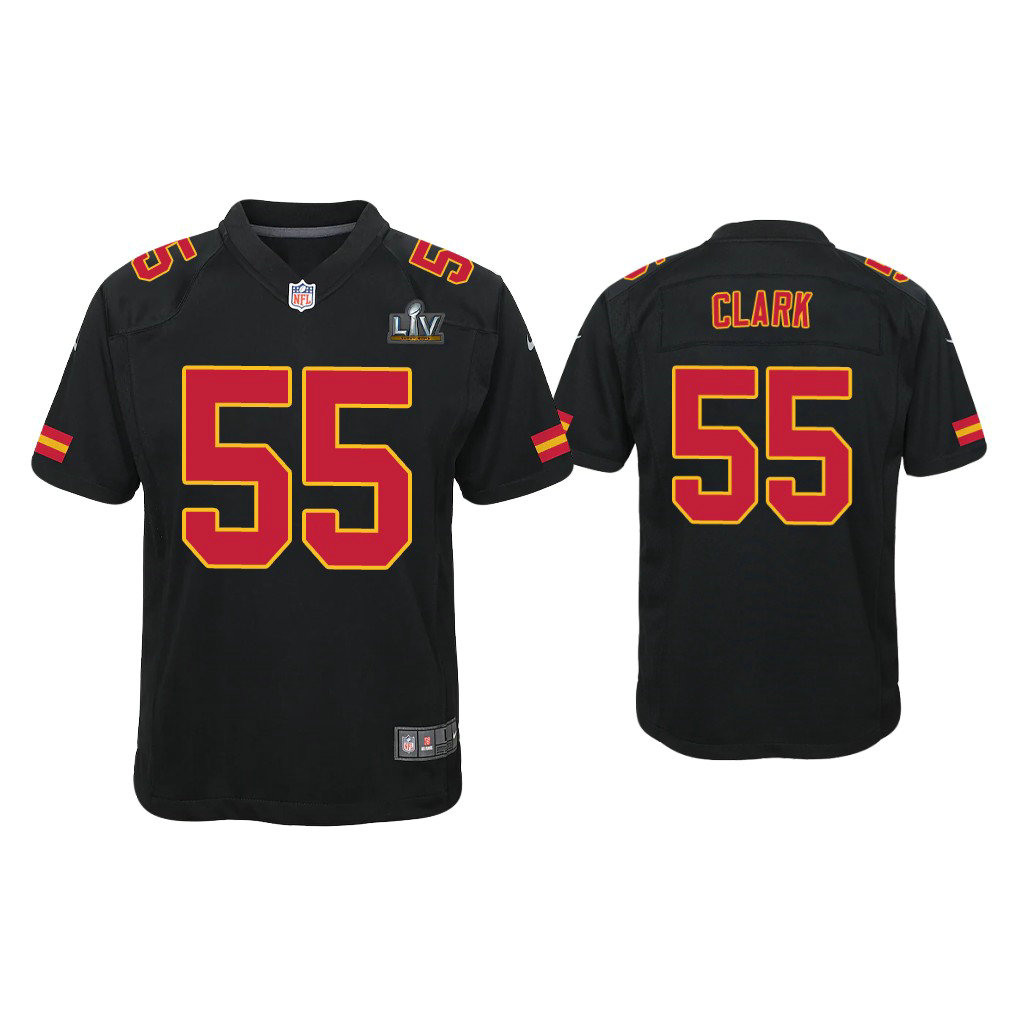 Youth 2021 Kansas City Chiefs #55 Frank Clark Black Super Bowl LIV Black Game Fashion Jersey