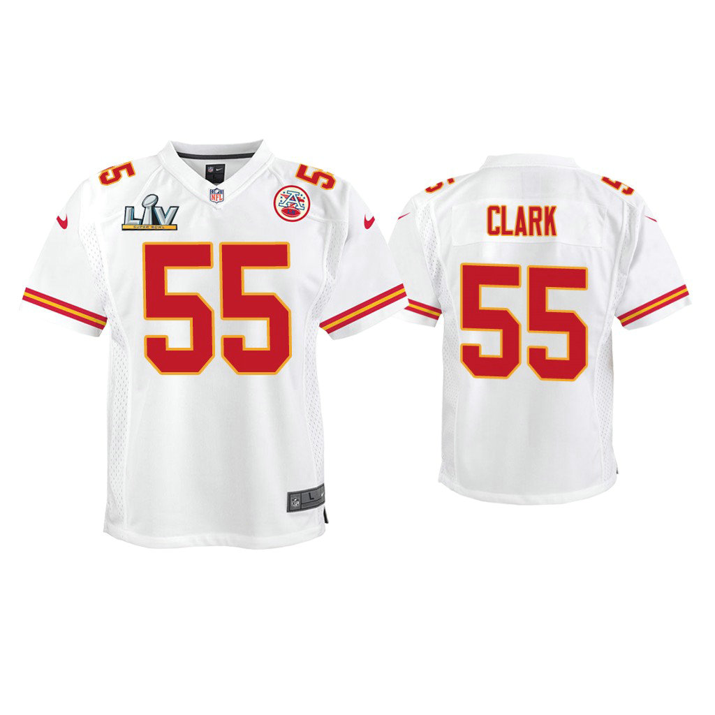 Youth 2021 Kansas City Chiefs #55 Frank Clark White Super Bowl LIV White Game Jersey