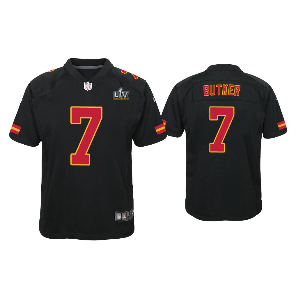Youth 2021 Kansas City Chiefs #7 Harrison Butker Black Super Bowl LIV Black Game Fashion Jersey