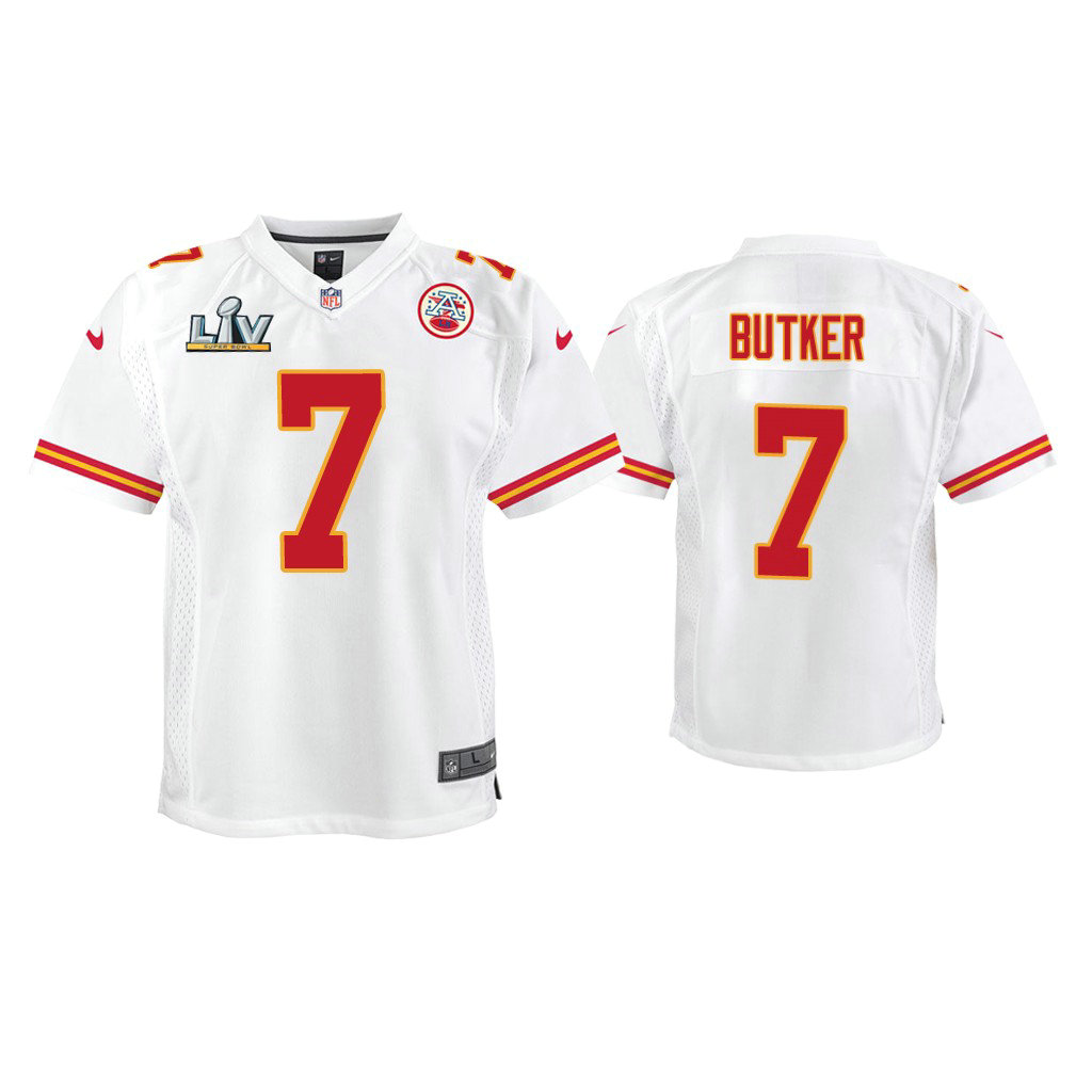 Youth 2021 Kansas City Chiefs #7 Harrison Butker White Super Bowl LIV White Game Jersey